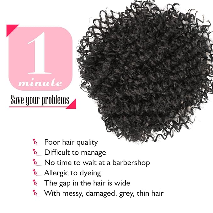 Natural Afro Kinky Curly Short Hair Toppers With Bangs - Clip in Synthetic Wiglets for Men and Women With Thinning Hair - Instant Volume and Style (Black Brown)