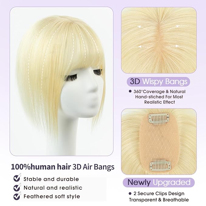 Human Hair Topper with Bangs for Women 14'' Bleach Blonde 100% Remy Human Hair Invisible Hair Piece for Thinning Hair