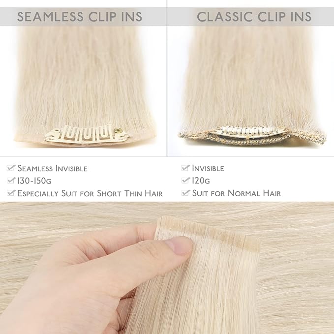 WENNALIFE Seamless Clip In Hair Extensions Human Hair, 24 Inch 160g 7pcs Platinum Blonde Real Hair Extensions Clip in Human Hair Invisible PU Skin Weft Natural Remy Human Hair Extensions