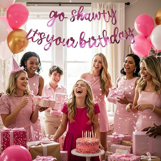 BEISHIDA Bright Pink Pre-Strung Go Shawty It's Your Birthday Banner Decor | - Image 4