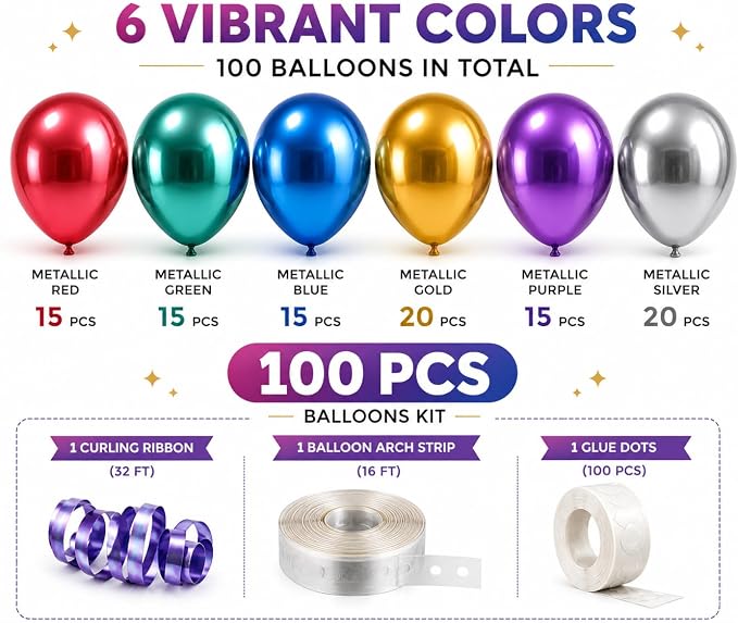 Chrome Metallic Balloons 12 Inch – 100 Pack Assorted Multicolor Latex Balloons - Image 3