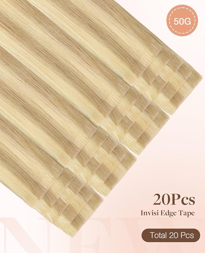 GOO GOO Invisi Edge Tape in Hair Extensions Human Hair, 18D/22F Dirty Blonde Highlights 20pcs 18inch 50g, Virgin Remy Hair, Seamless Injected Tape, Natural Look