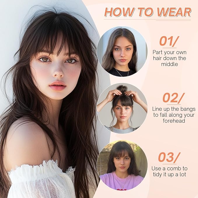 Benehair Clip on Bangs for Women Human Hair, Fake Bangs Human hair, French Bangs Clip in Hair Extensions Hair Pieces with Temples for Daily Wear (Dark Brown)