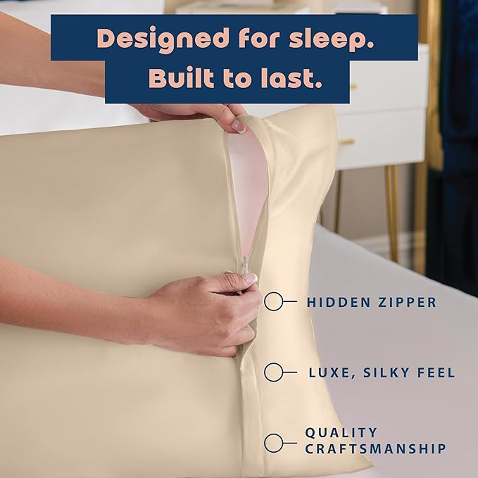 BLISSFORD Satin Pillowcase with Zipper, for Hair and Skin Care, Feels Soft and Cool Like a Silk Pillowcase, Satin Pillow Cases 2 Pack, Slik Pillow Cover, Light Beige - Queen Size, Set of 2