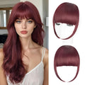 Clip in Bangs, Synthetic French Bangs Hair Clip, Wine Red Fake Bangs Fringe with Temples Hairpieces for Women Natural Curved Hair Extensions for Daily Wear