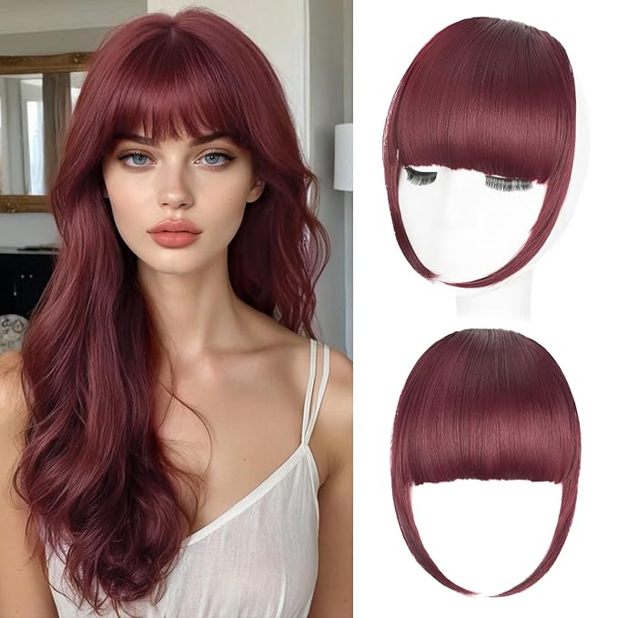 Clip in Bangs, Synthetic French Bangs Hair Clip, Wine Red Fake Bangs Fringe with Temples Hairpieces for Women Natural Curved Hair Extensions for Daily Wear