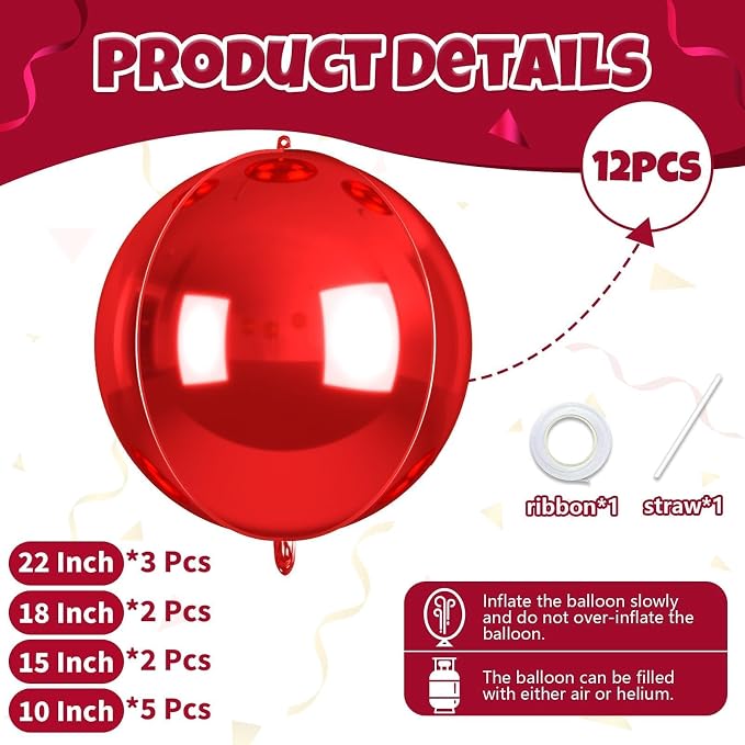 12Pcs Red Round Balloons Foil, Big Metallic Red Foil Balloons Helium - Image 2
