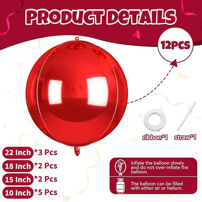 12Pcs Red Round Balloons Foil, Big Metallic Red Foil Balloons Helium - Image 2