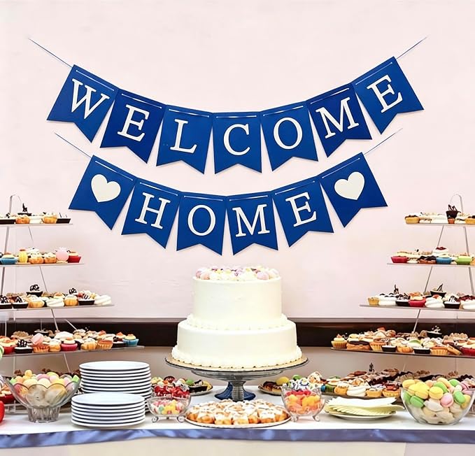 Welcome Home Banner Decorations Glitter Blue Bunting Backdrop - Image 2