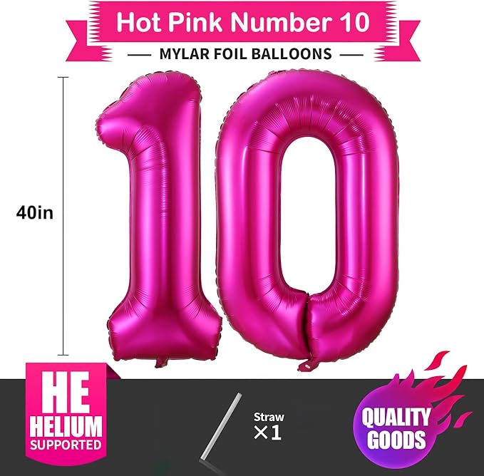 Hot Pink 10 Balloon Numbers, 40 Inch 10th Birthday Balloon Foil Mylar Number 10 - Image 2