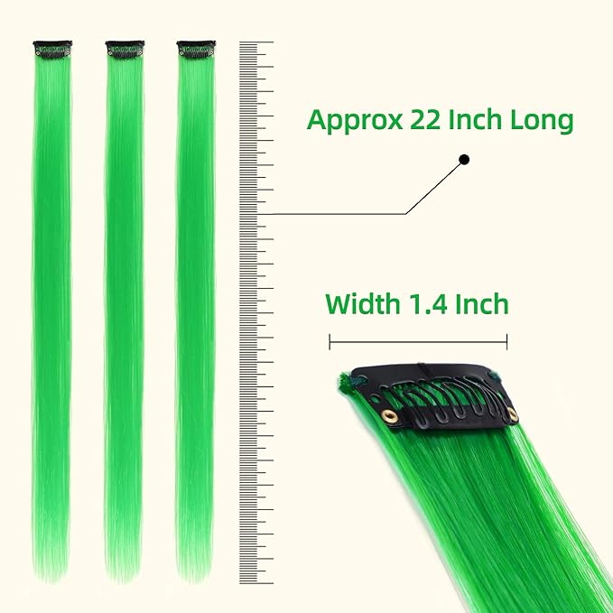 Green Hair Extensions Clip in, 22 Inch 10 Pcs Long Straight Colored, for Kids Girls Women Highlight Party, Synthetic