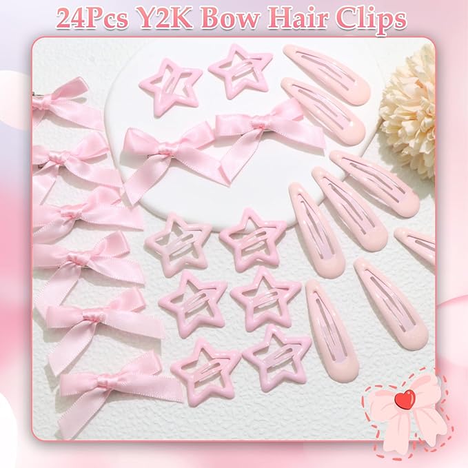 24Pcs Pink Mini Bow Hair Clips Y2K Star Snap Hair Barrettes Water Drop No Slip Hair Clips for Women Small Hair Bows Cute Bowknot Star Hair Pins Accessories for Girls