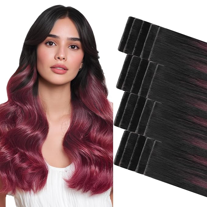 GOO GOO Invisi Edge Tape in Hair Extensions Human Hair, 1/99 Balayage Jet Black to Red, 20pcs 16inch 50g, Virgin Remy Hair, Seamless Injected Tape, Natural Look