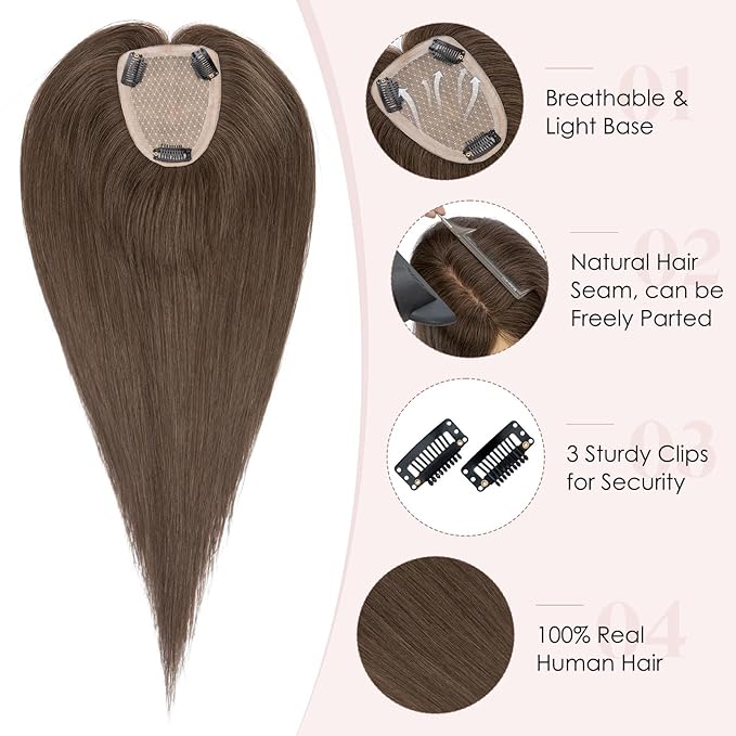 Hairro Human Hair Toppers Free Parted, 3.5x4.7" Base Hand-wovened 100% Real Hairpieces, with Invisible Clips-in for Women, for High Hairline/Adding Volume on Top, 14 Inch Cocoa Brown