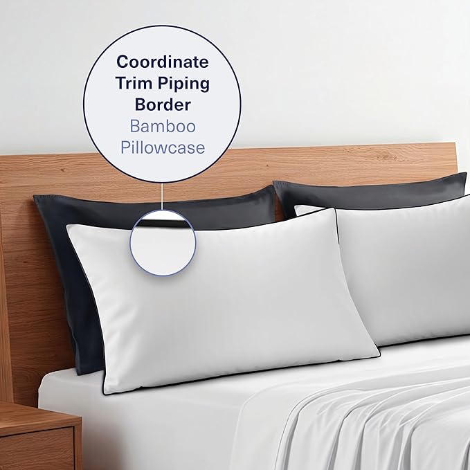 Kickoff Viscose Bamboo Pillowcase, Standard, Set of 2, 100% Organic Hidden Zippered Viscose Bamboo Pillow Case Standard Size, Cooling Pillow Cover for Hot Sleepers (20"x26", Trimmed, Onyx Black)