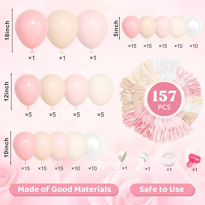 157Pcs Pink Balloons Arch Garland Kit Different Size | Light Pastle Pink Ivory - Image 2