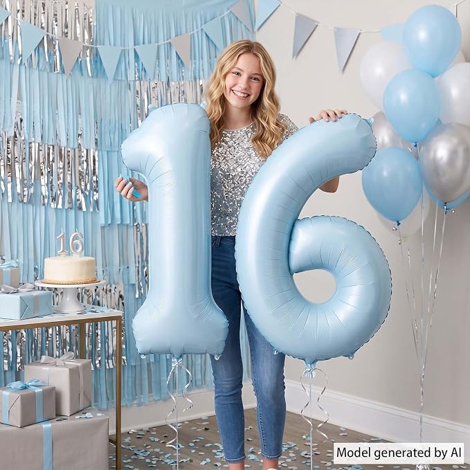 Baby Blue Number 16 Balloon 40 Inch, Foil Digits Theme Party Supplies | Elegant - Image 6