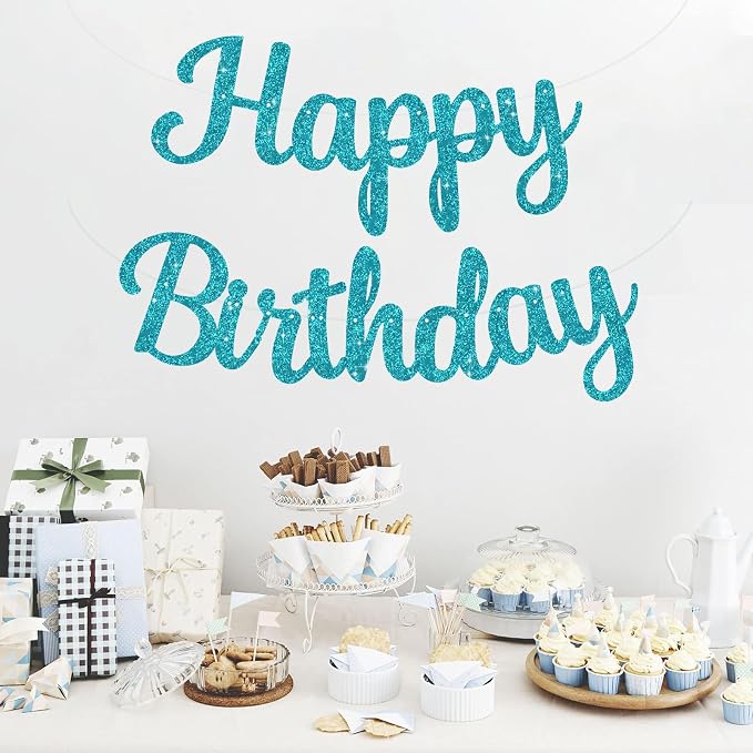 BEISHIDA Glitter Lake Blue Happy Birthday Banner Party Decoration NO DIY | - Image 6