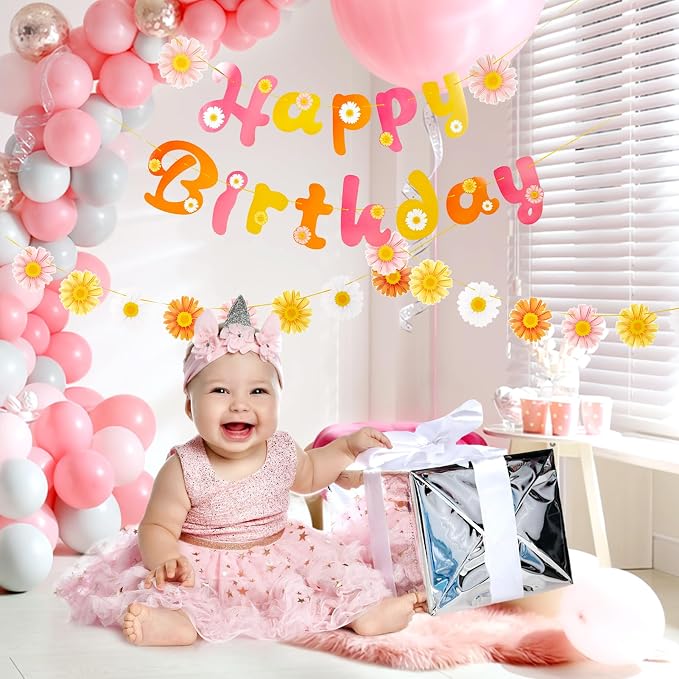SUNBEAUTY Flower Daisy Happy Birthday Banner Groovy Party Banners Groovy Party - Image 4
