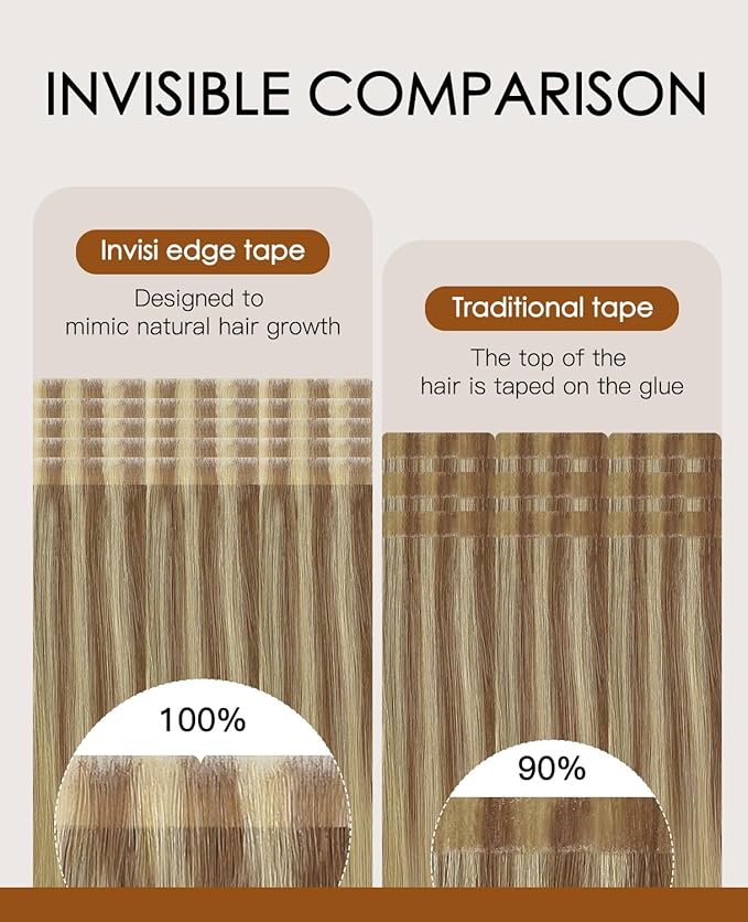 VINBAO 60g Injected Tape in Hair Extensions Human Hair Balayage Ash Brown to Caramel Blonde 20pcs Seamless Invisi Edge Hair Extensions Tape in Natural Look 22inch #10/16/16