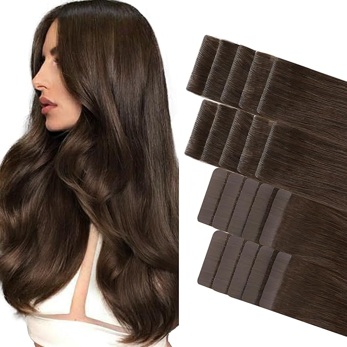 GOO GOO Invisi Edge Tape in Hair Extensions Human Hair, 4A Chocolate Brown 10pcs injected with 10pcs classical tape ins, 18inch 50g, Virgin Remy Hair, Natural Look