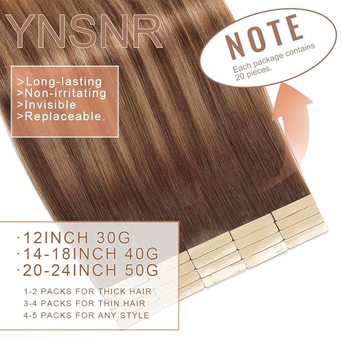 Tape in Hair Extensions Human Hair Chocolate Brown to Caramel Blonde 22 Inch 20Pcs Tape Ins for Women Straight Invisible Seamless Remy