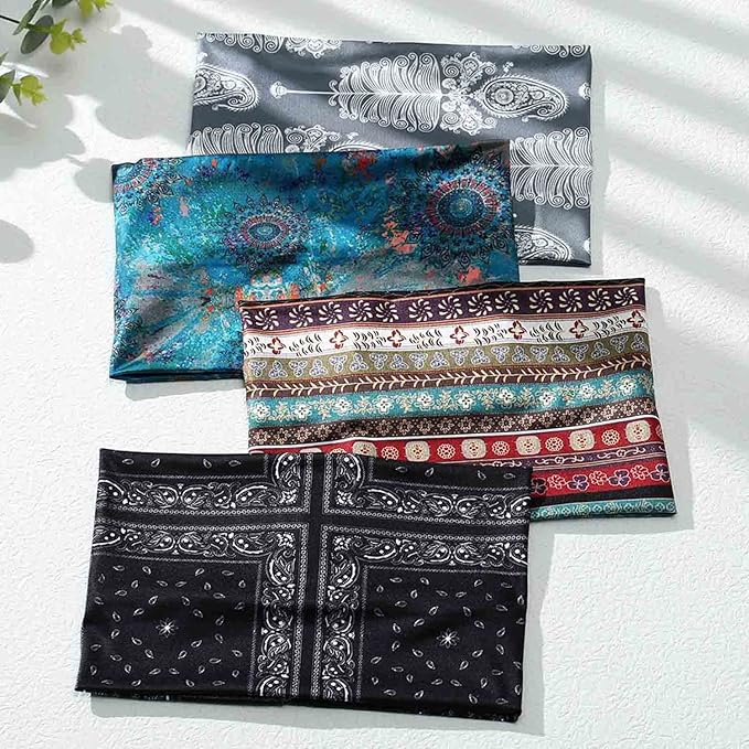 Olbye Wide Headbands, Boho Headbands for Women, Workout Yoga Hair Scarfs Running Sweatband, Hair Accessories for Women Girls (E- Stylish, Pack of 4)