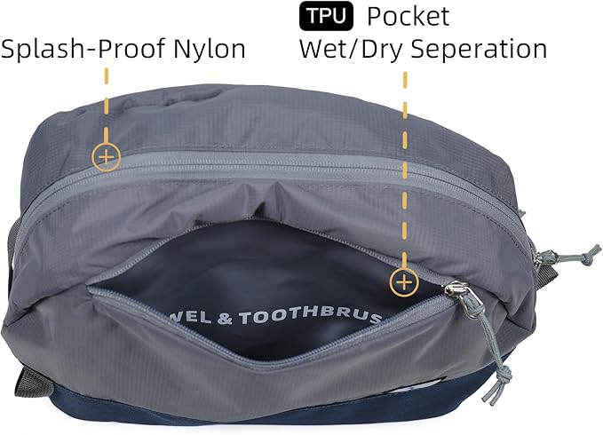 Travel Toiletry Bag 8L, Large Packing Cube with Waterproof TPU Wet/Dry Compartment (05 Ash Gray)