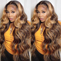 34 Inch Highlight Ombre Lace Front Wig Human Hair 13x6 HD Lace Body Wave Frontal Wigs Human Hair 180% Density P4/27 Colored Lace Front Glueless Wigs Human Hair for Black Women