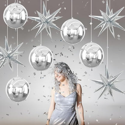 9 Pcs Silver Round Foil Balloons and Star Balloons 22/18 4D Ball Balloon - Image 3