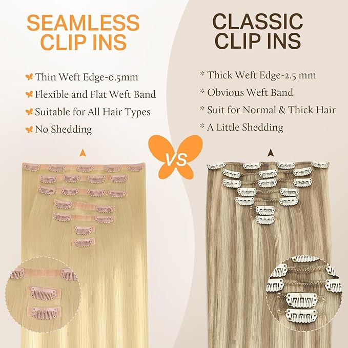 DOORES Seamless Clip-in Real Human Hair Extensions, Dirty Blonde Mixed Platinum Blonde, 110g 7pcs, 18 Inch Straight Hair, Invisi Edge