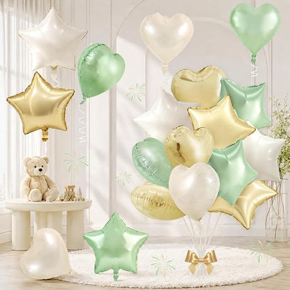 TONIFUL 18 Inch Sage Green and Champagne Gold Star and Heart Foil Balloons by TONIFUL