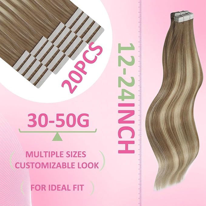 YoungSee Tape in Hair Extensions Human Hair Brown Tape in Hair Extensions Balayage Tapes ins Human Hair Extension Light Brown Ombre Platinum Blonde Hair Extension Tape-in 18 Inch 20pcs 50g