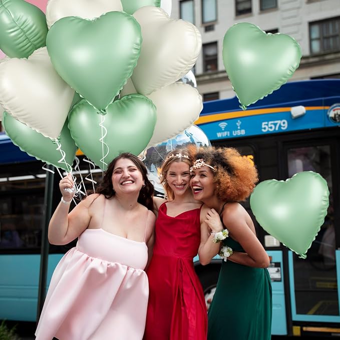 Sage Green White Heart Balloons, 18inch Olive Green Cream White Heart Shape - Image 7