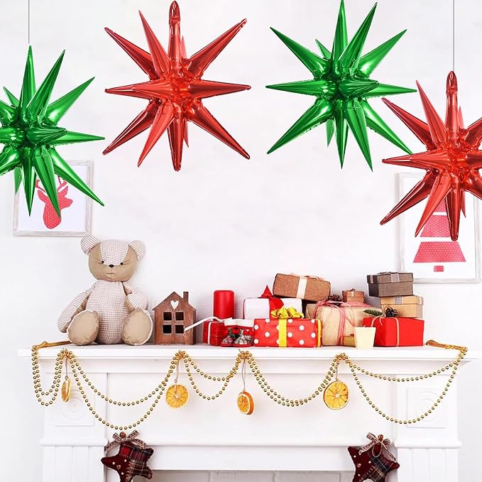TONIFUL 4Pcs Explosion Star Balloons Red and Green Foil Balloon Party Decor | - Image 4
