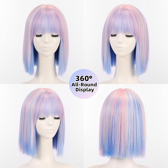 Allbell Colorful Rainbow Wigs for Women Short Bob with Bangs Heat Resistant Synthetic Hair 12 inch for Daily Party Halloween Costume Use
