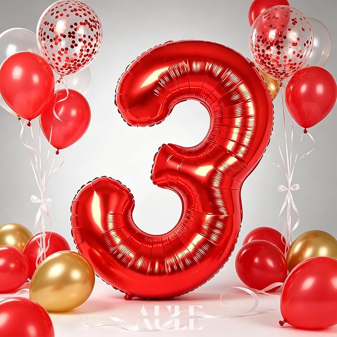 AULE 40 Inch Red 3 Balloon Number Foil 0-9 Birthday Big Numbers | Birthday - Image 2