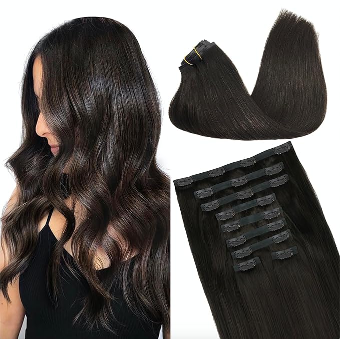 GOO GOO Clip in Hair Extensions Real Human Hair, Remy Human Hair Extensions Clip ins for Women, Natural Human Hair, 16inch 160g 9Pcs, #2 Dark Brown