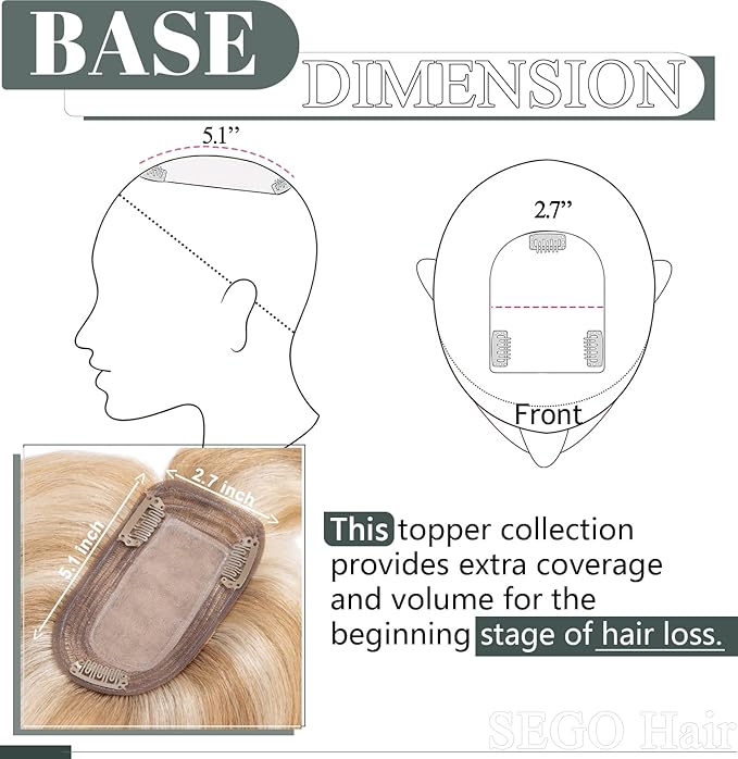 SEGO Hair Toppers for Women Real Human Hair with Thinning Hair, Hair Pieces Clip in Toppers Straight Hair Pieces with Front Bangs -8 Inch #12/613 Golden Brown Mix Bleach Blonde