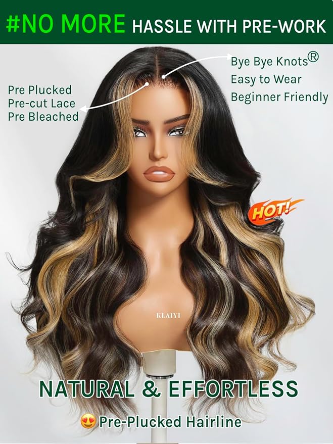 KLAIYI Ombre Highlight Blonde Loose Body Wave Bye Bye Knots Glueless Wigs Human Hair 7x5 Precut Lace Front Pre Plucked Bleached Ready to Wear Go Wig with Face Framing Curtain Bang Caramel Brown 26Inch
