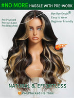 KLAIYI Ombre Highlight Blonde Loose Body Wave Bye Bye Knots Glueless Wigs Human Hair 7x5 Precut Lace Front Pre Plucked Bleached Ready to Wear Go Wig with Face Framing Curtain Bang Caramel Brown 18Inch