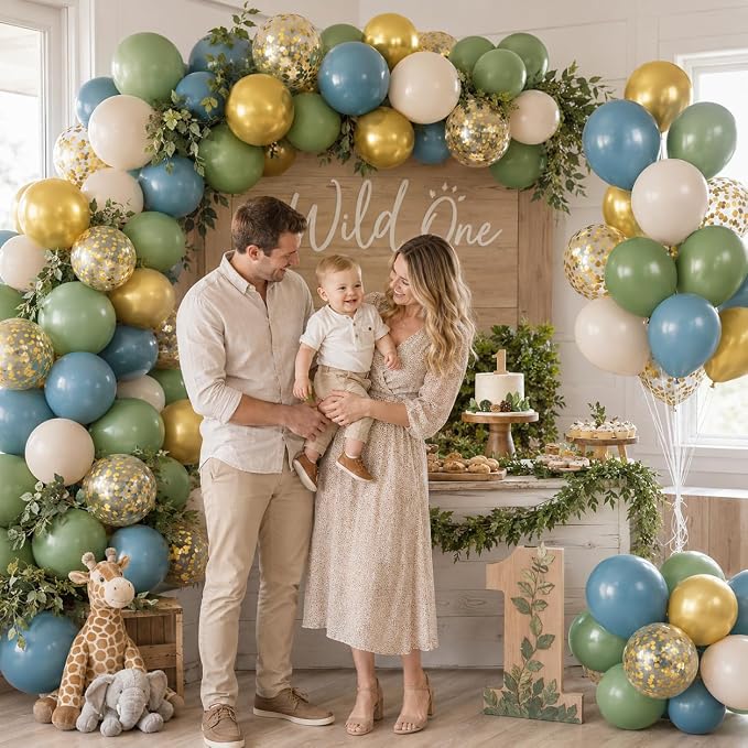 Green Blue Balloons Sage Beige Gold Balloons Jungle Woodland Party Decorations - Image 2