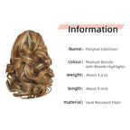 Ponytail Extension, Clip on Ponytails for Women, 9" Claw Clip in Short Curly Wavy Pony Hair Extension for Women - Medium Blonde with Blonde Highlights