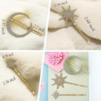 6 Pieces Rhinestone Stars Moon Hair Clips Vintage Star Hairpins Crystal Decorative Bobby Pins Metal Alloy Hair Pins Snowflake Side Clip Hair Accessories for Women Girls (Gold)