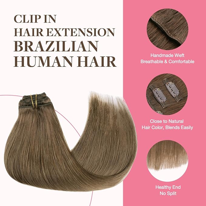 GOO GOO Clip in Hair Extensions Real Human Hair, Remy Human Hair Extensions Clip ins for Women, Natural Human Hair, 20inch 150g 9Pcs, 5 Light Ash Brown