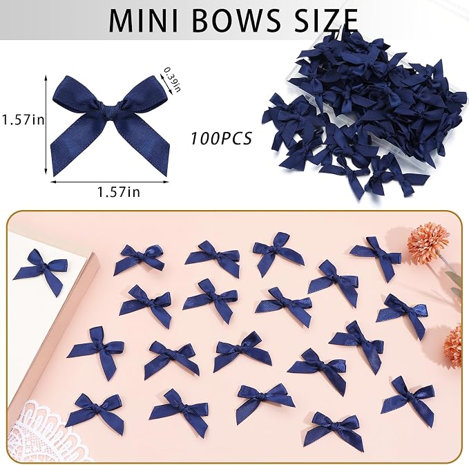 Navy Blue Mini Bows 1.57" 100PCS Small Satin Ribbon Bow - Image 2