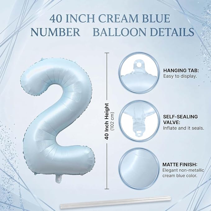 Baby Blue Number 2 Balloon 40 Inch, Muted Pastel Digit Theme Party Supplies | - Image 4
