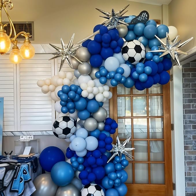 Soccer Balloon Arch Kit, Royal Blue Silver White Metallic Silver Football - Image 4