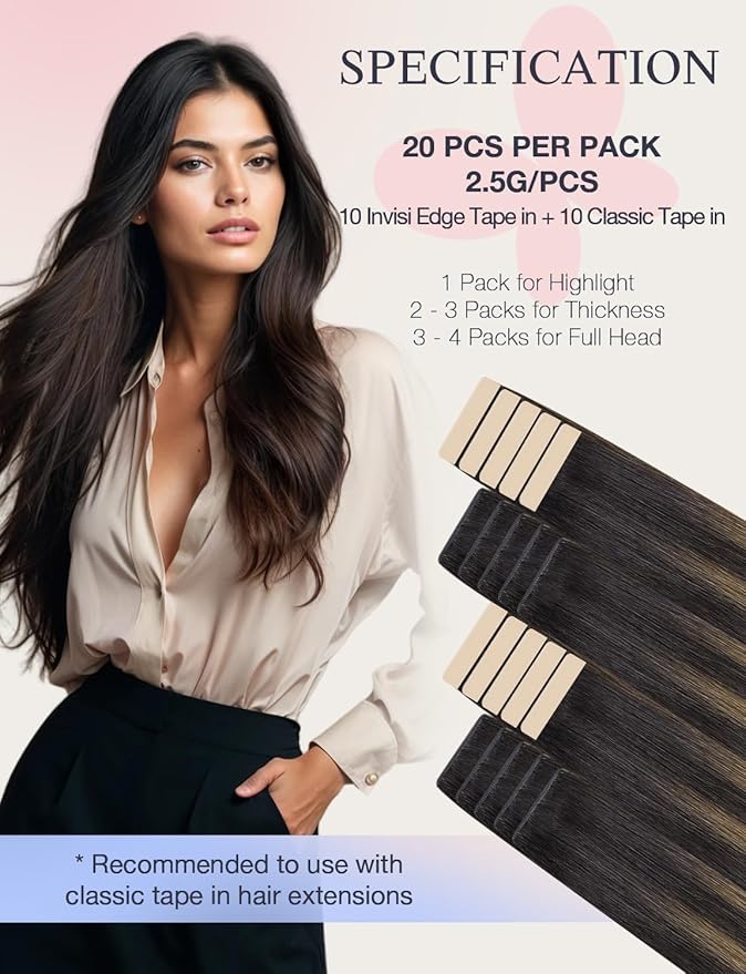 DOORES Invisible Tape in Hair Extensions Real Human Hair Invisi Edge, Dark Brown to Chestnut Brown 10 Injection Tape-ins with 10 Classic Tape-ins 50g 22 Inch, Virgin Human Tape in