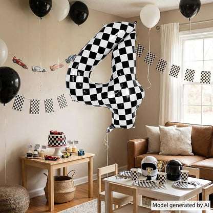 40 Inch Checkered Number 4 Balloon, Large Foil Black and White Number Balloons - Image 3